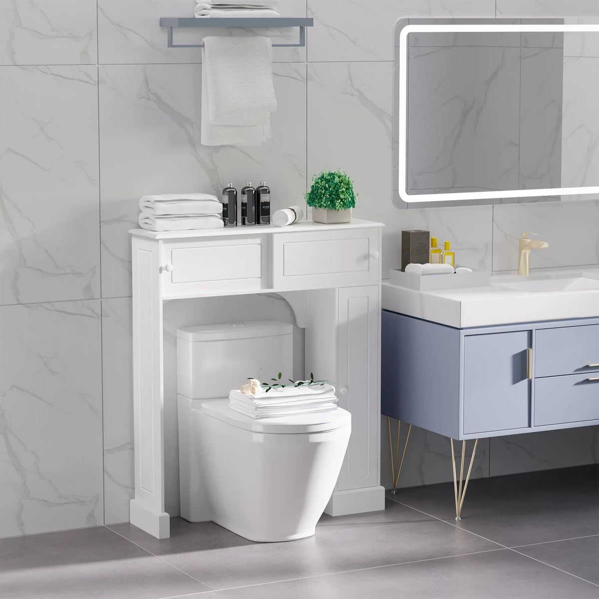 Bathroom Rack, with Over the White Shelves, kleankin Freestanding Toilet Cabinet, Toilet Organizer Bathroom Adjustable Storage