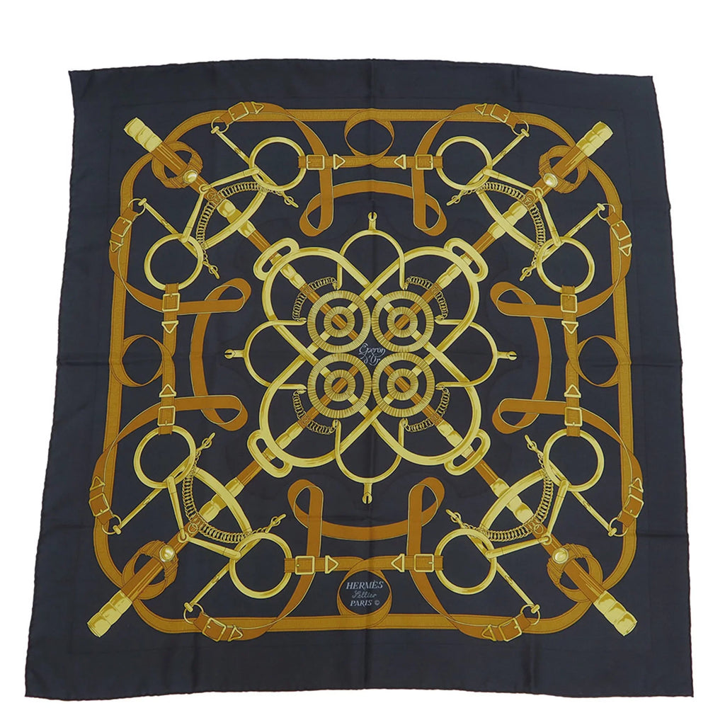 H.d'ORiGNY x Eperon Golden Black Spur 90 (Good) HERMES Hermes d'or Muffler Scarf Yellow Pellier Carre Pre-Owned