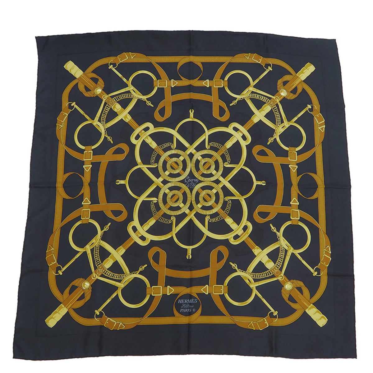 H.d'ORiGNY x Eperon Golden Black Spur 90 (Good) HERMES Hermes d'or Muffler Scarf Yellow Pellier Carre Pre-Owned