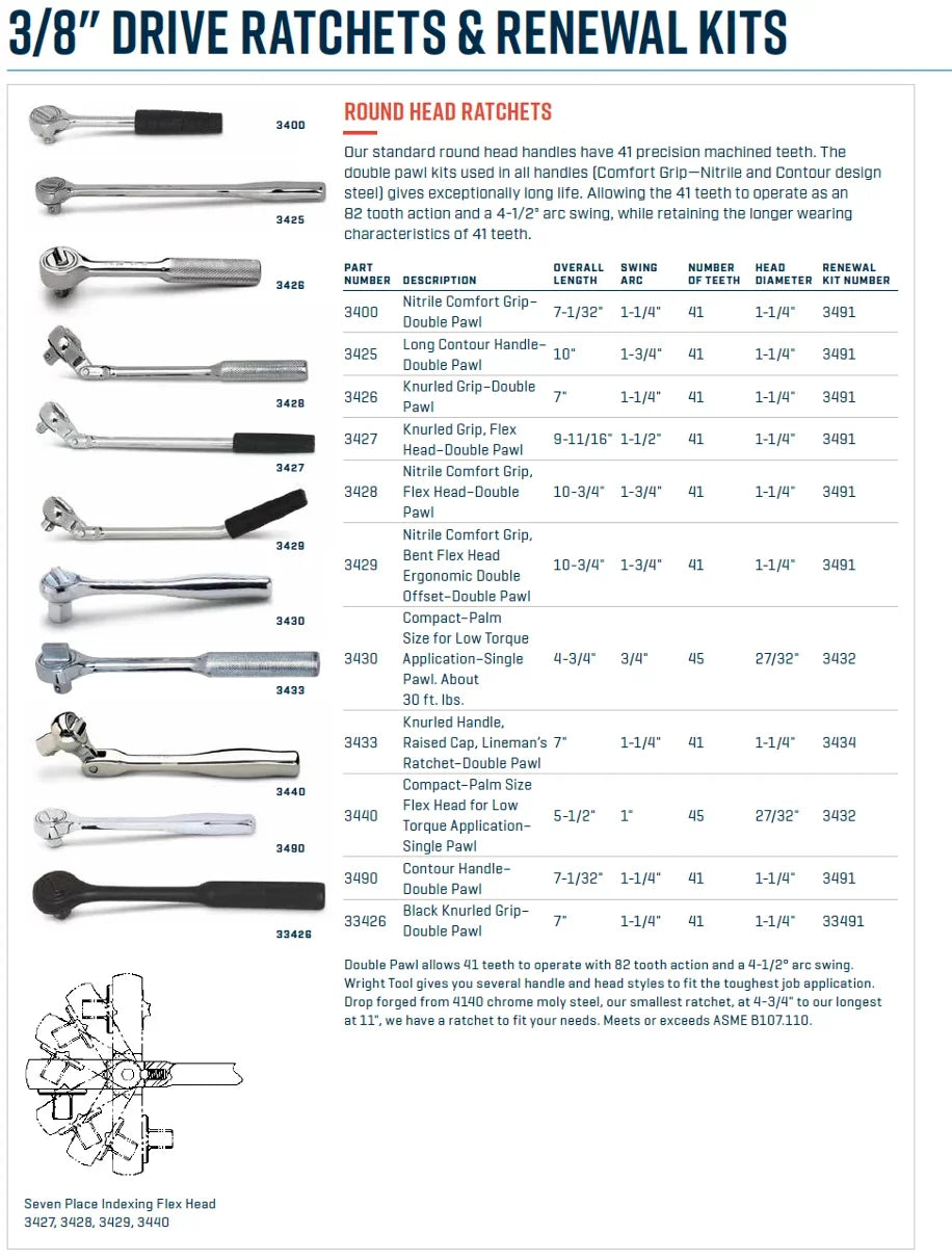 400 GRIP WRIGHT D RATCHET NITRILE 3/8" SERIES 3400 7" TOOL