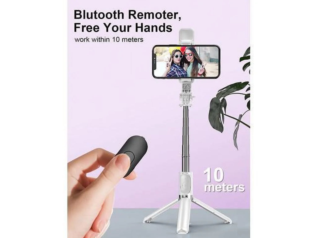with LED Remote iPhone Android Compatible Phone Ring with with Stick Remote, (White, Extendable Selfie Cell Tripod Light, Q02s) Model and Tripods