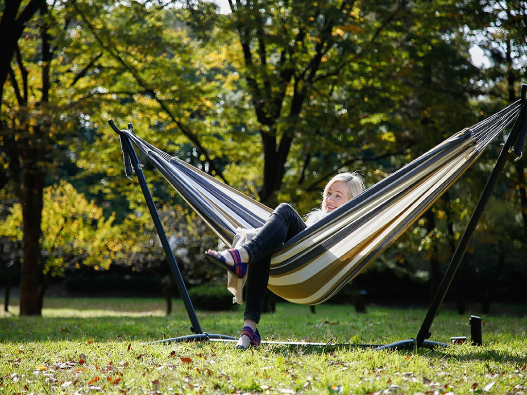 The Steel Hammock and Grey a with Striped Gold 110” Collection Hammock Hamptons Style Brazilian