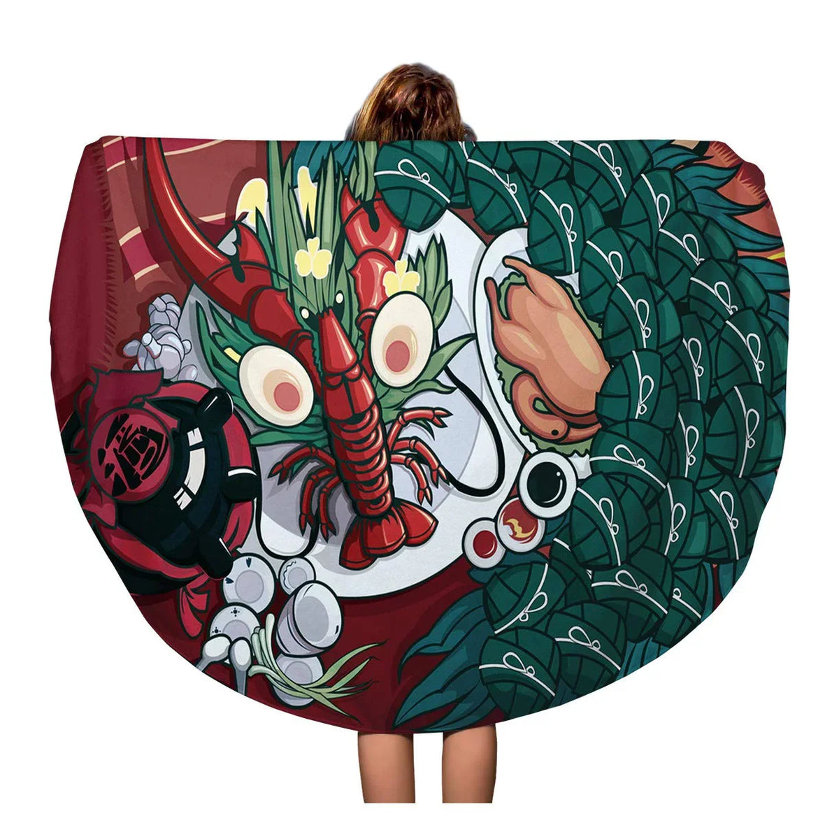inch Beach Dragon Antique Beach Travel Tapestry Towels 60 Boat Festival Blanket Dumpling Round Throw Food Circular Ancient SIDONKU Mat Towel Red Cartoon Circle