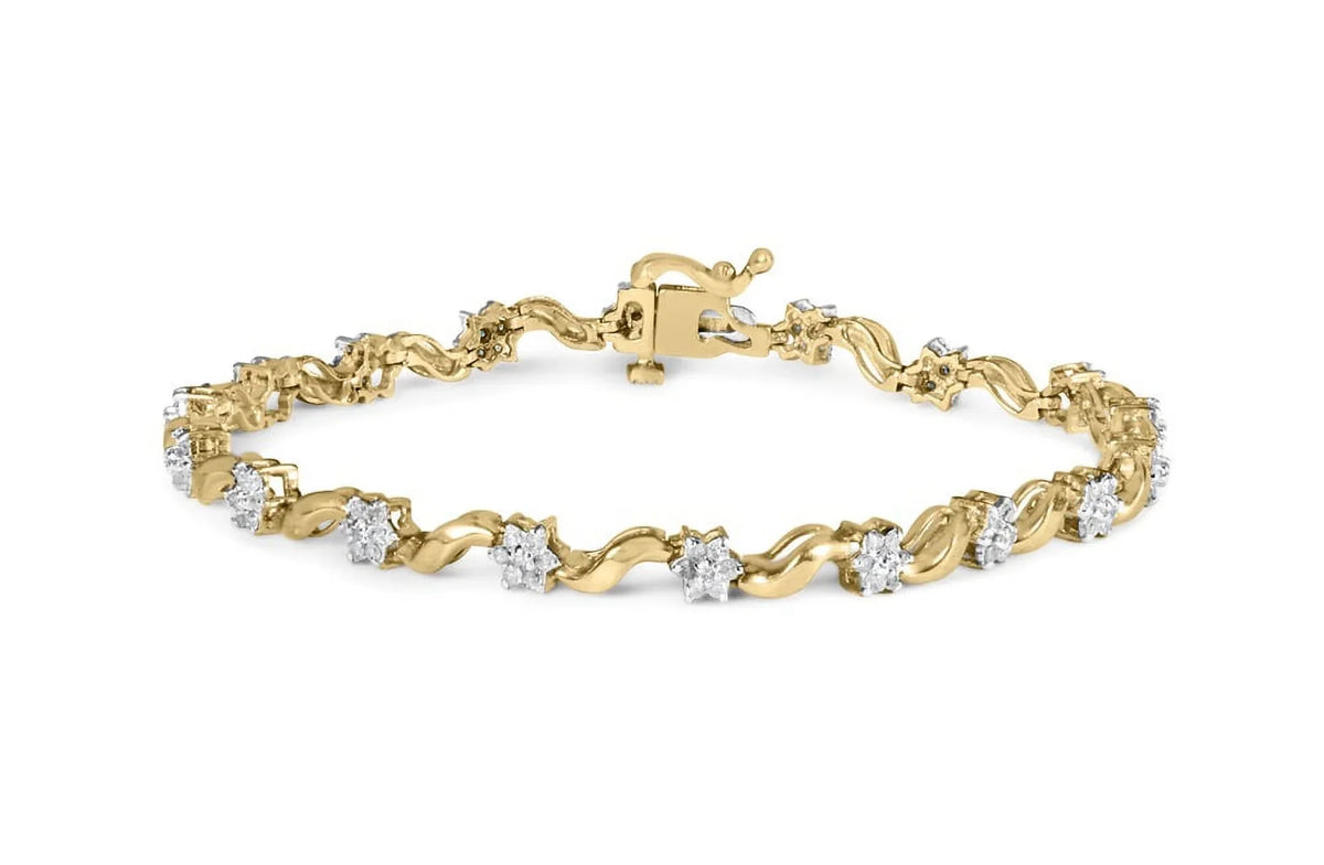(I-J of Womens 10k 7.50" Floral Color, Box Clasp Clarity) Yellow Round Brilliance S-Link Cttw Diamond I2-I3 Bracelet Cut 1.00 Prong Gold Haus