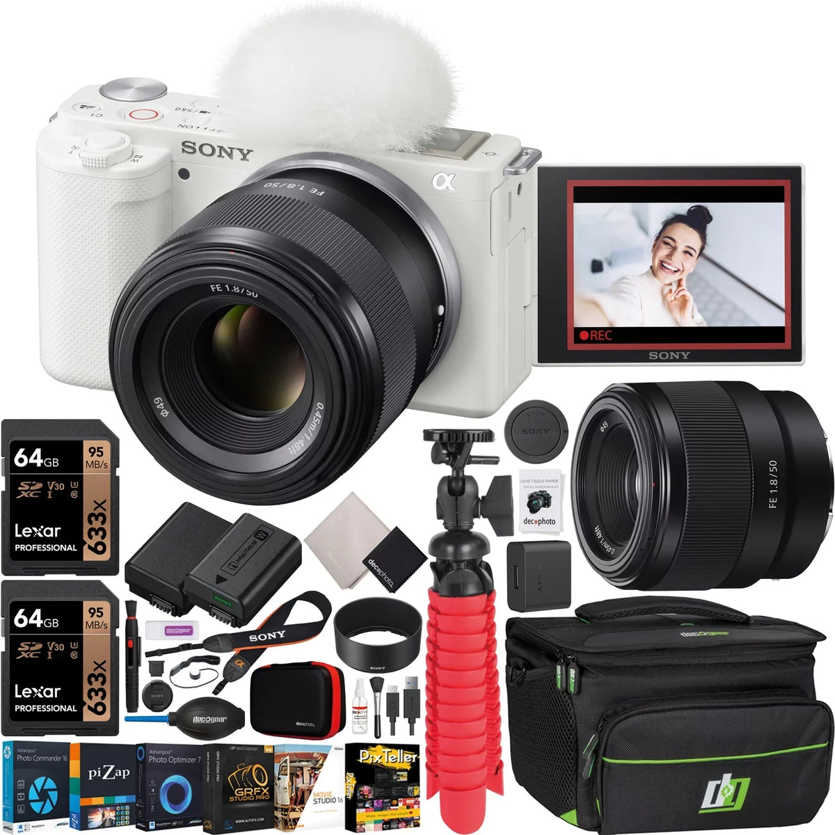 Case Body Video + Alpha Mirrorless ILCZV-E10/W Large Sony Deco Extra APS-C ZV-E10 Camera Lens Kit and Accessories Aperture SEL50F18F Photo F1.8 Vlog with + Bundle Battery FE Gear 50mm White