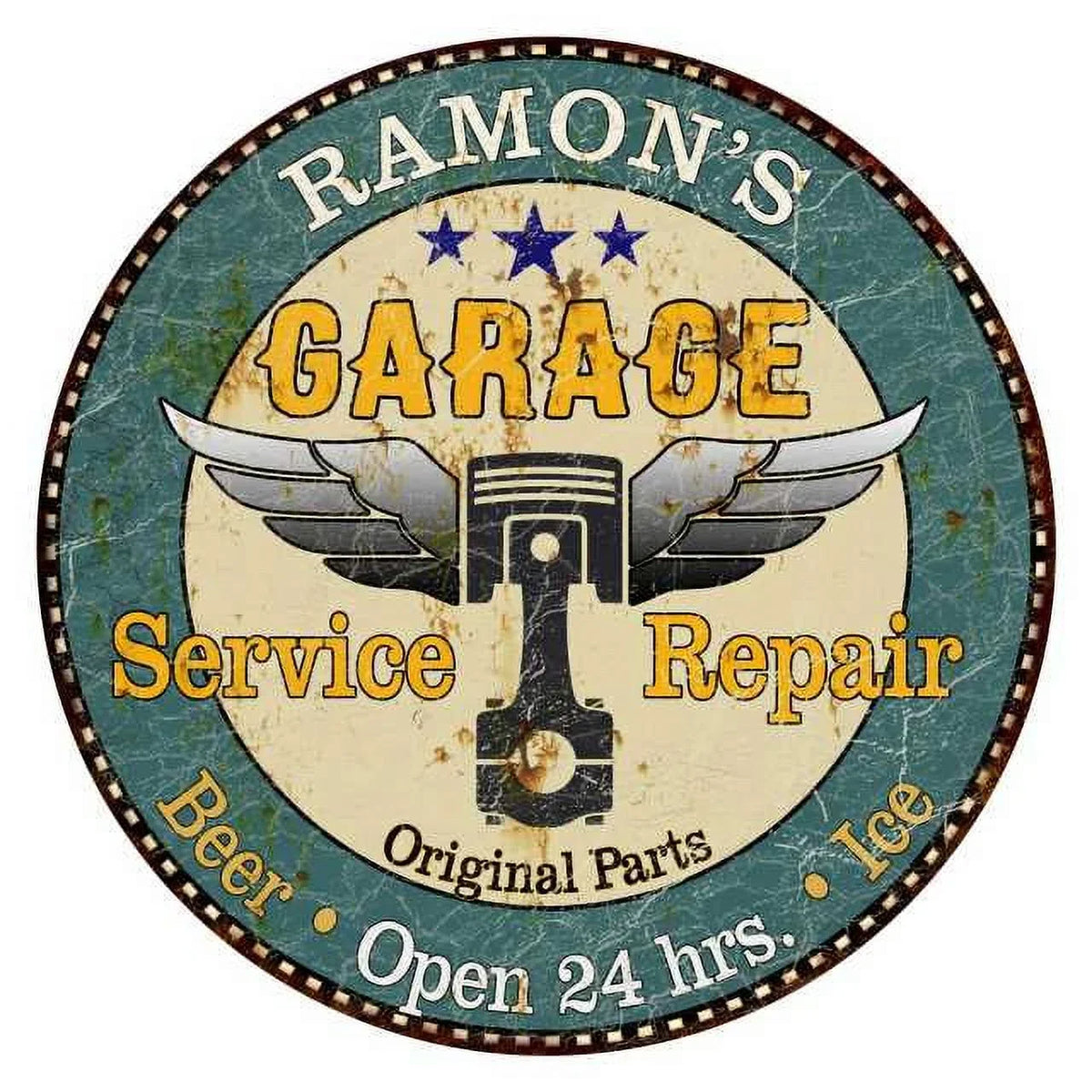 Garage Man Metal 14" Round Wall 100140027218 Home Sign Decor Cave RAMON'S