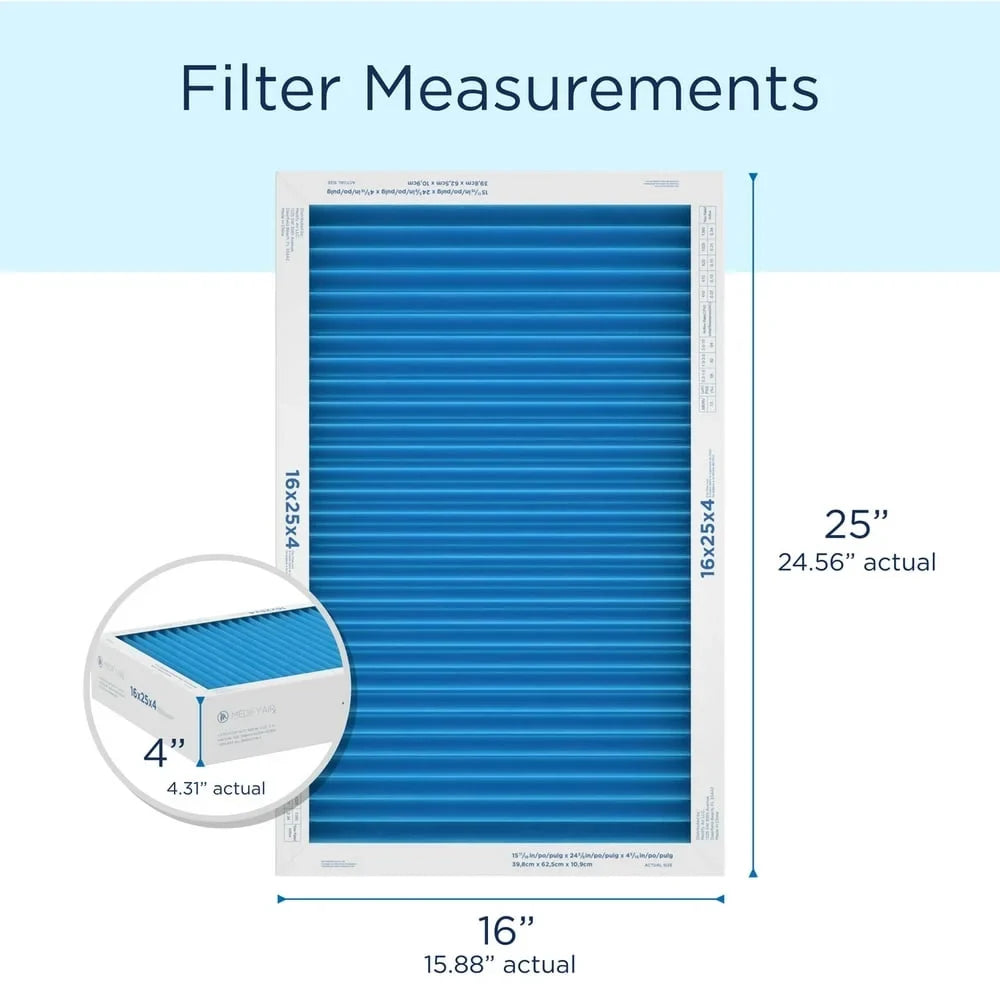 HEPA 95% Filter 16x25x4 Cleaning Air Particles 13, 2-Pack) Medify Pleated Air (MERV