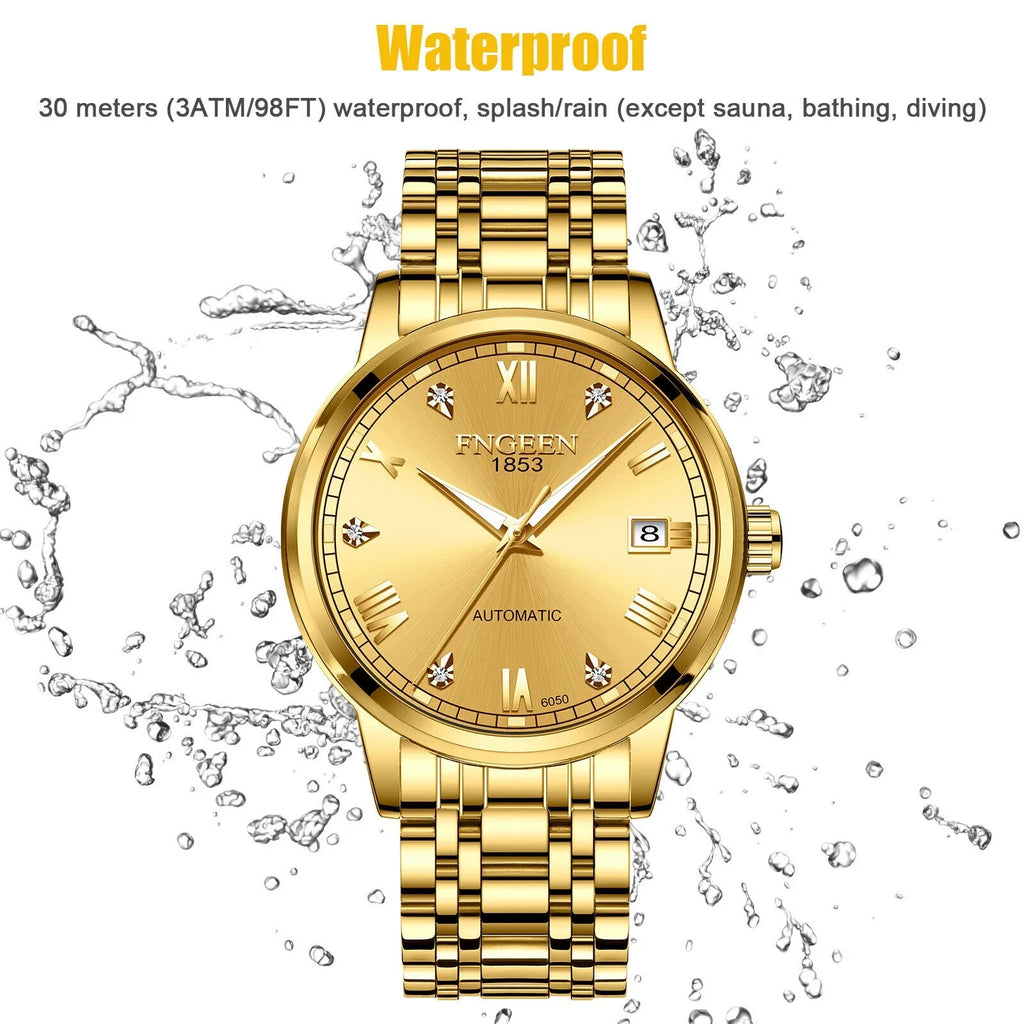 Wrist Automatic Steel Gold Luxury Men Waterproof Stainless Tone Mechanical Watch