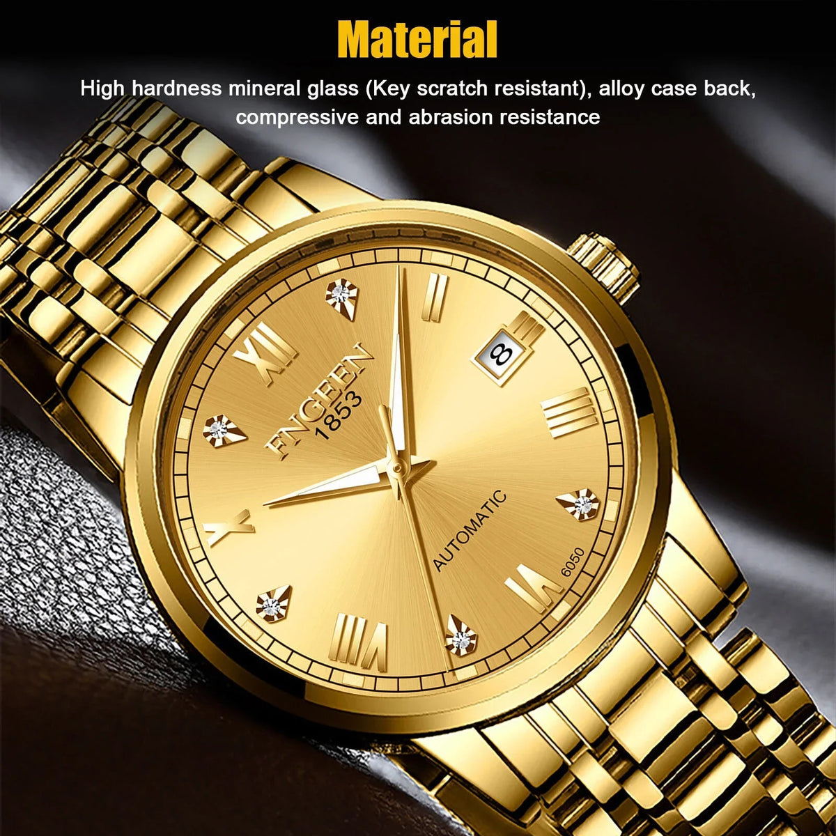 Wrist Automatic Steel Gold Luxury Men Waterproof Stainless Tone Mechanical Watch