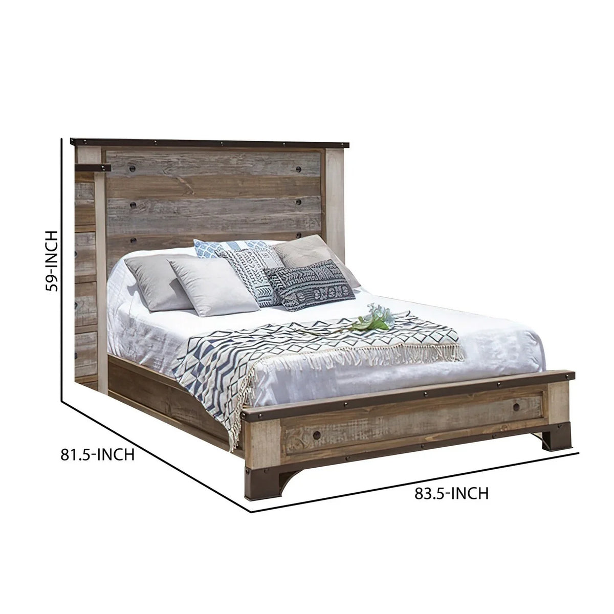 Fena King Round Bed, Nailheads, Brown Wood Size Distressed Black Multicolor Benjara