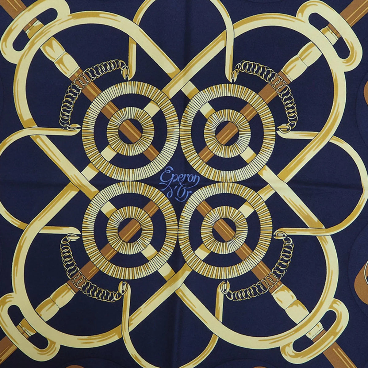 H.d'ORiGNY x Eperon Golden Black Spur 90 (Good) HERMES Hermes d'or Muffler Scarf Yellow Pellier Carre Pre-Owned