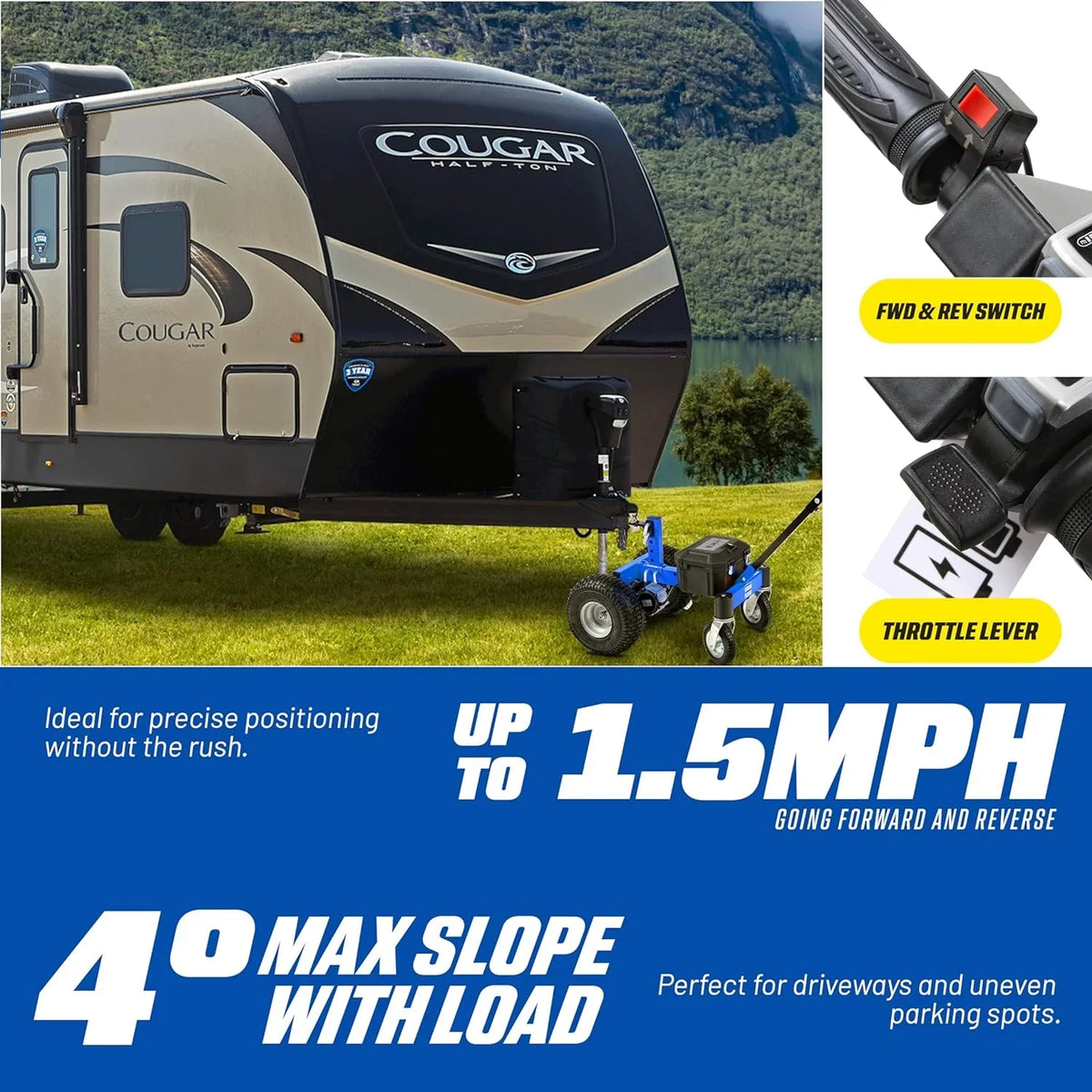 Quiet Dolly 600LB – Operation, Advanced Ski Electric 2" Commercial Goodyear Mount Ball 24V Mover Max 800W DC 7Ah, Hitch with 3600LBS Trailer Weight, Weight, RV/Boat/Utility/Jet Tongue Trailer