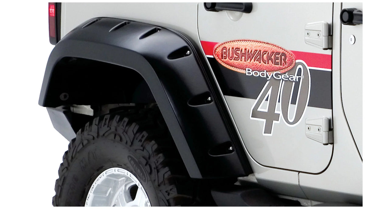 Set, Bushwacker 10044-02 with Jeep Pocket/Rivet 2-Piece Fender | Rear Coverage Textured JK by 2007-2018 | Wrangler Flares Max Black, Unlimited Compatible Finish | RealTruck Style