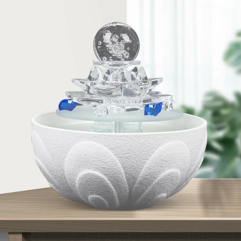 Waterfall Desktop Ornament Teahouse Lotus Desktop Fountain Tabletop Fountain Water Fountain, Decor Crystal Flowing Office Water White