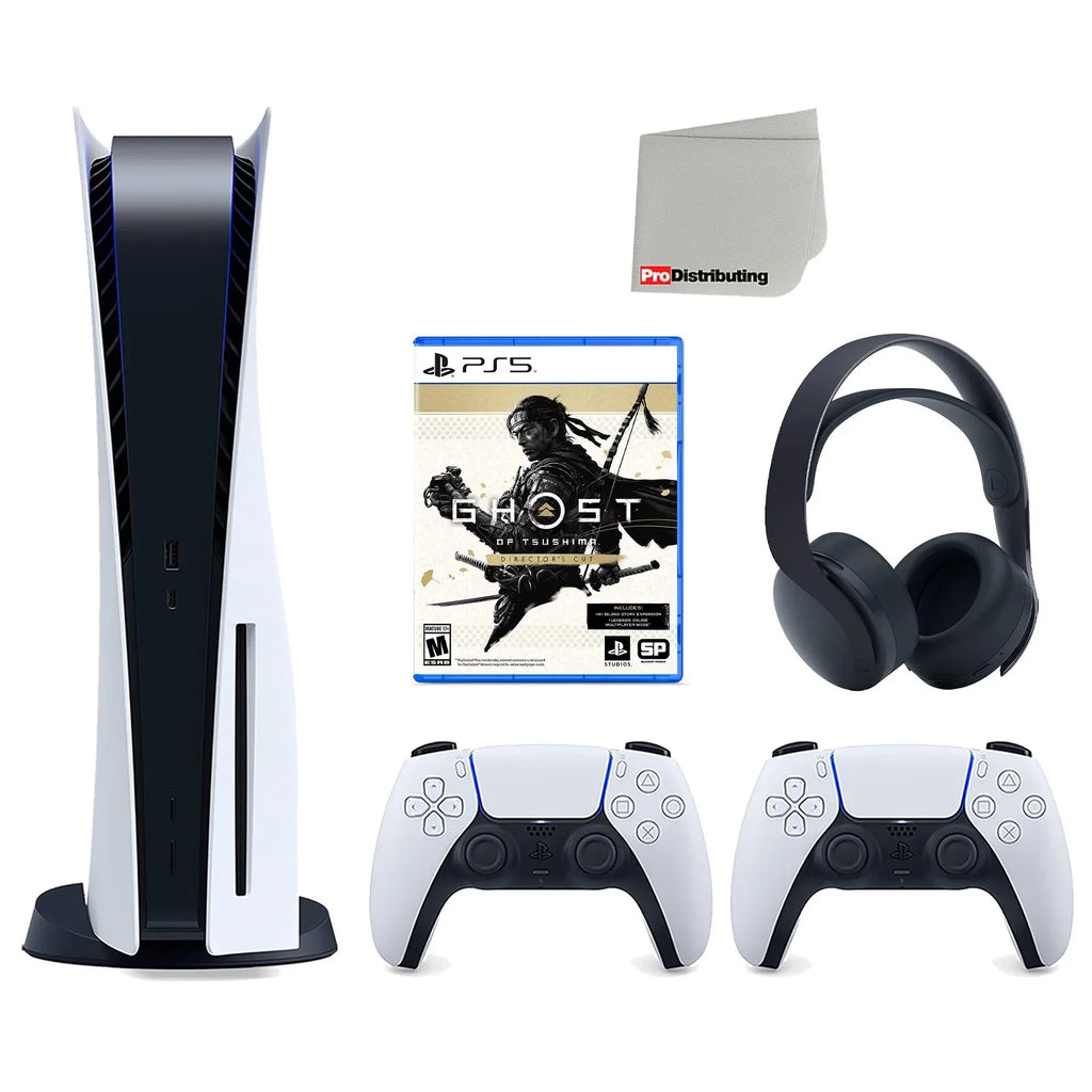 5 White PULSE Cloth of Version Director's Cleaning with Black Playstation and Headset with Controller, Extra Bundle Cut 3D Disc Sony Console Tsushima Ghost