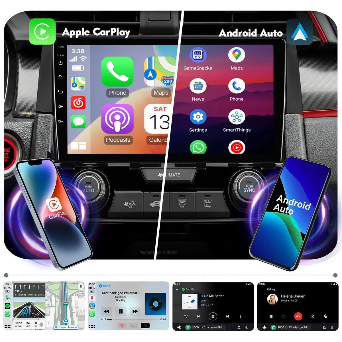 Auto Camera Wireless Stereo Din 6+128G 12 for Carplay/Android Double SWC Built-in Backup Honda Inch 2016-2020 Android Car Radio AUX-in with Touchscreen Civic 9