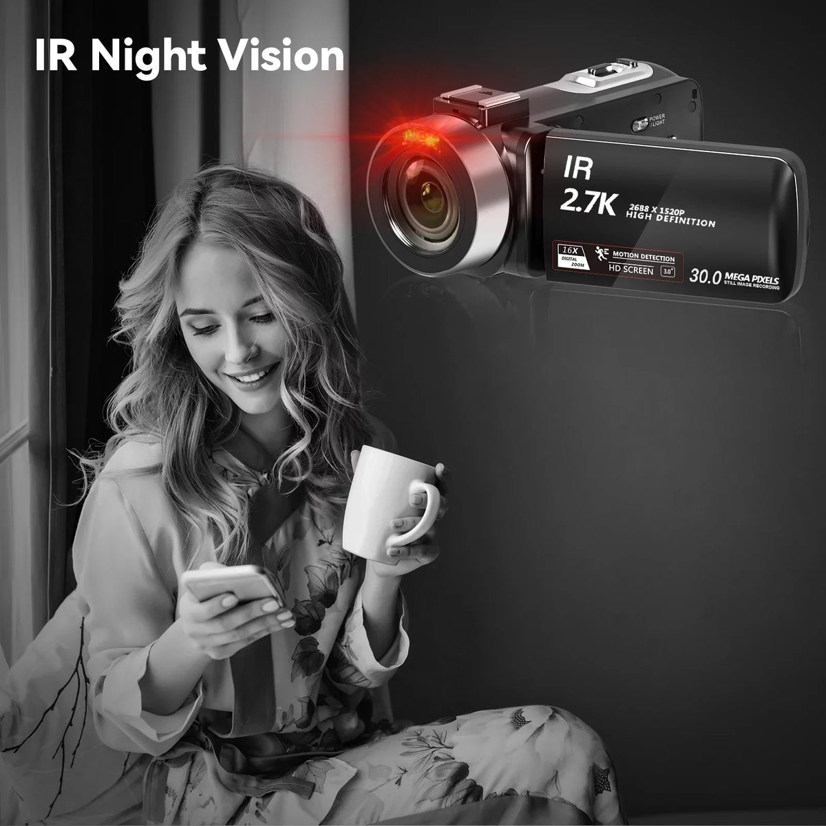 Digital Camera, Full Vlogging Remote IR 2 Vision Night 30FPS SEREE Camcorder Camera for HD Film Youtube 30.0 MP 2.7K Video Batteries, Camera