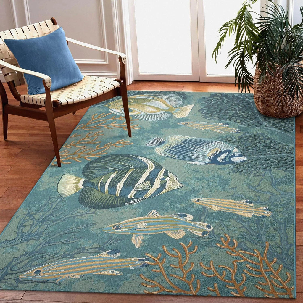 9'4") Transitional Coastal Blend - Rug (6'6" Synthetic Profile Loomed Animal Indoor/Outdoor X Power Graphic Colorful Low (Fish Aqua) Marina Area