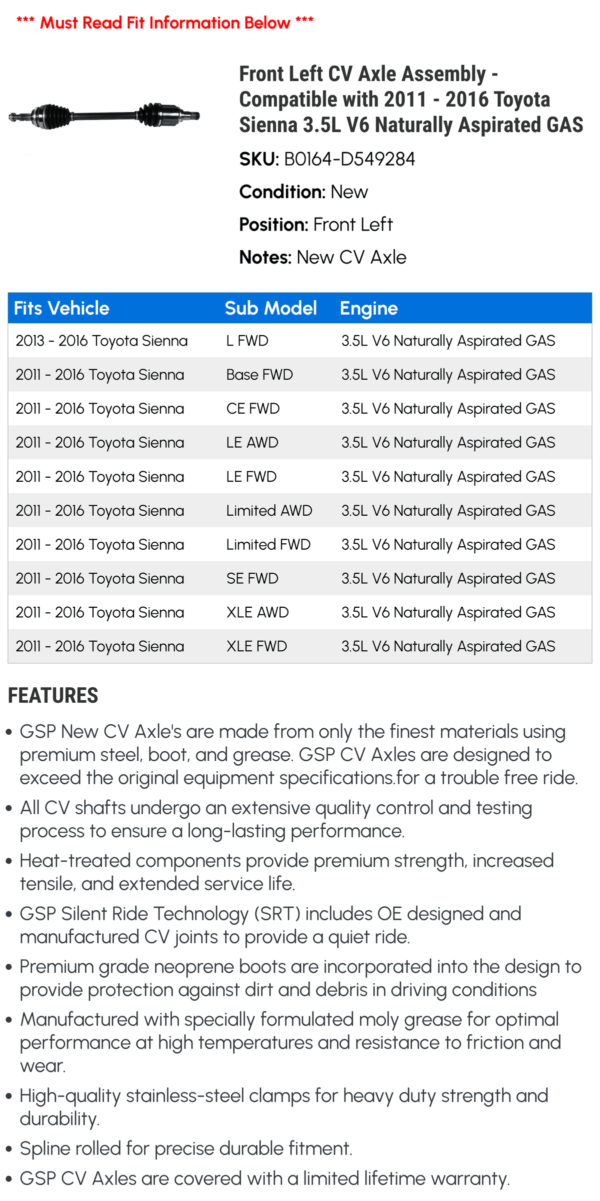 Toyota 2014 GAS 2015 2011 V6 Compatible Aspirated 2013 2012 - CV Front Axle - 2016 Naturally with Assembly 3.5L Left Sienna