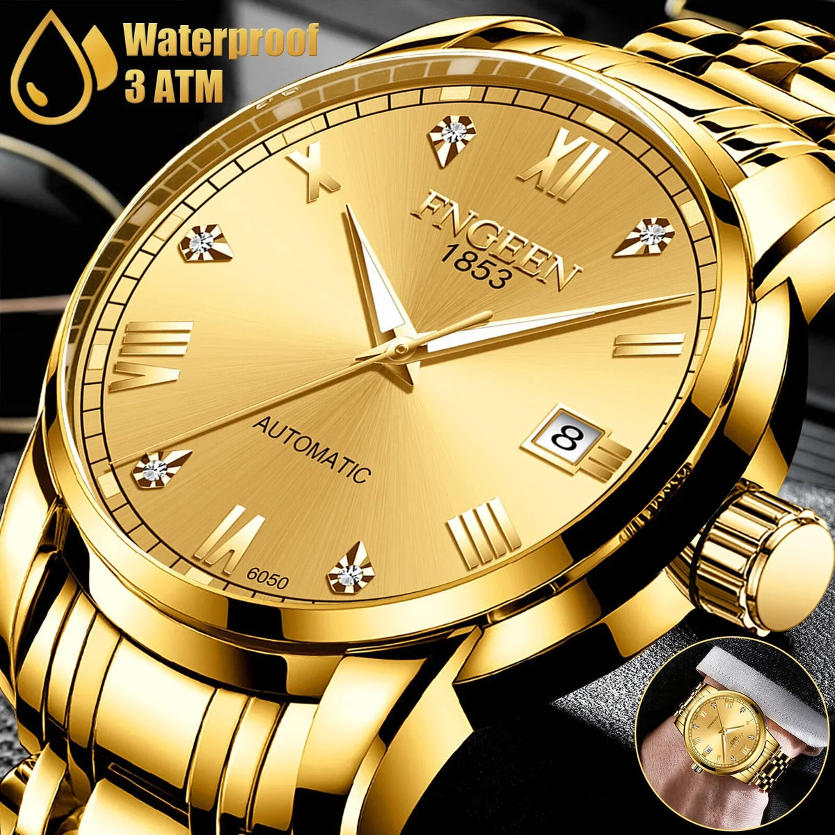 Wrist Automatic Steel Gold Luxury Men Waterproof Stainless Tone Mechanical Watch