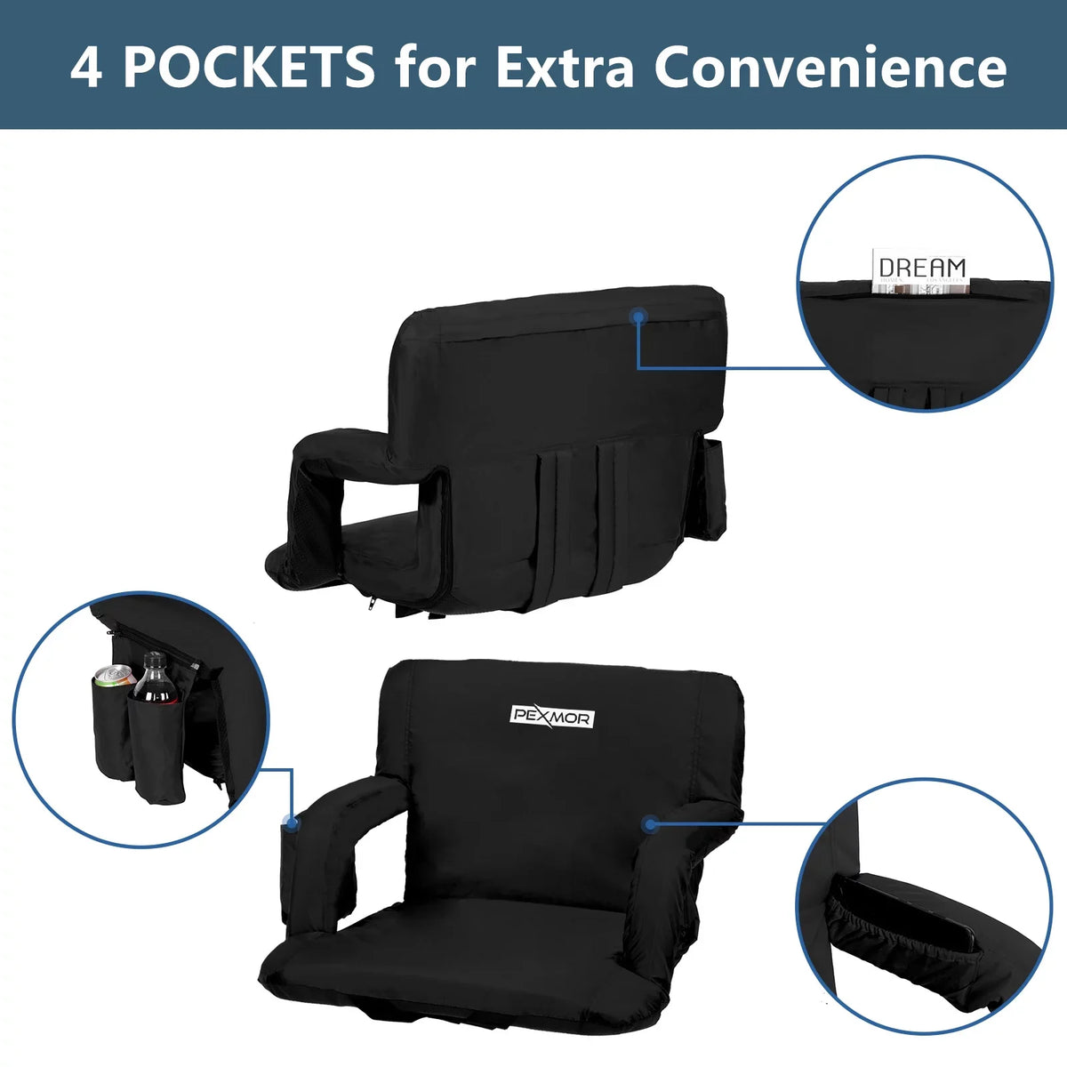 Seat with Reclining Carrying Back 21'' Stadium Portable for Bleachers Width PEXMOR Bag, Standard 2-Pack & Support Cushion,