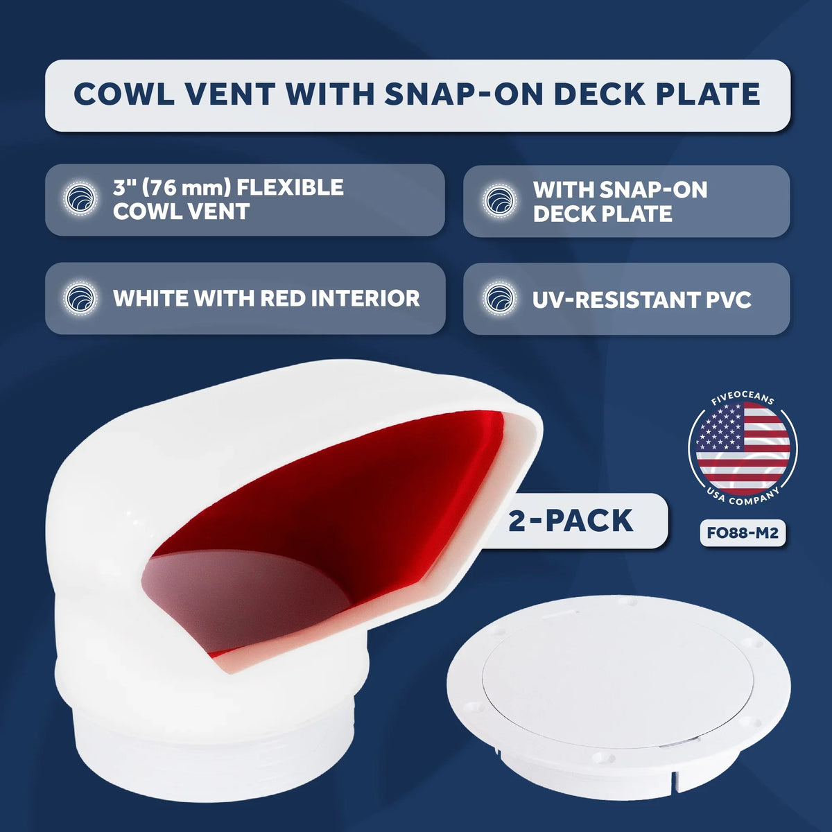 Cover, or for PVC, Cabin Air FO88-M2 Deck Snap-On Pack 2 - Cowl and and Intake Plate Oceans with Profile Vent Interior, Ventilation Low Red Five UV-Resistant 3-Inch Flexible