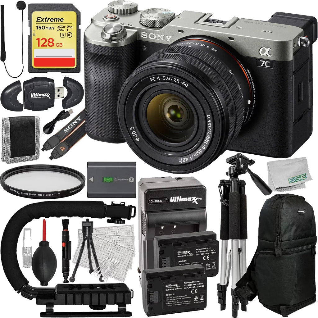 28-60mm with Sony (26pc Tripod Alpha More Mirrorless Bundle) Much Digital + a7C Lens Batteries, Replacement Camera (Silver) 2x 128GB SDXC, Extreme & Lightweight 57”