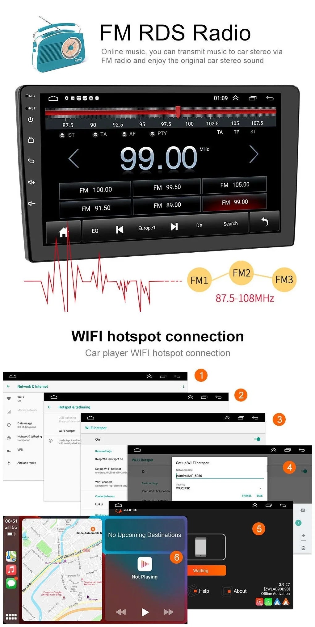 Navigation 2+32GB Camera Din 10.1" Carplay Android Wireless Receiver 1280*720 IPS Radio FM/RDS Android Auto Bluetooth GPS Stereo WiFi AHD Car Backup Screen Double USB