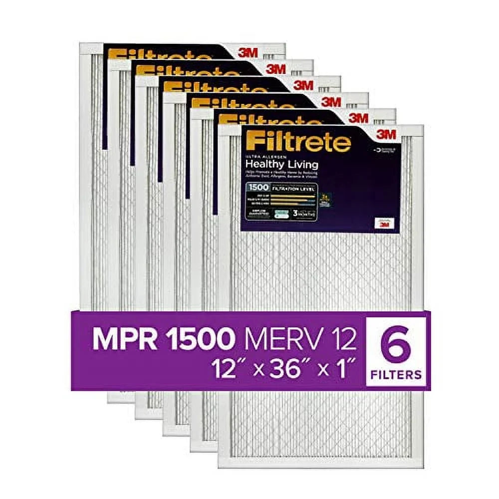 Filter, Air Filtrete Allergen, Furnace 12x36x1, Living 1500, Ultra Healthy 11.69 6-Pack (exact MPR AC 35.69 x 0.78) x dimensions