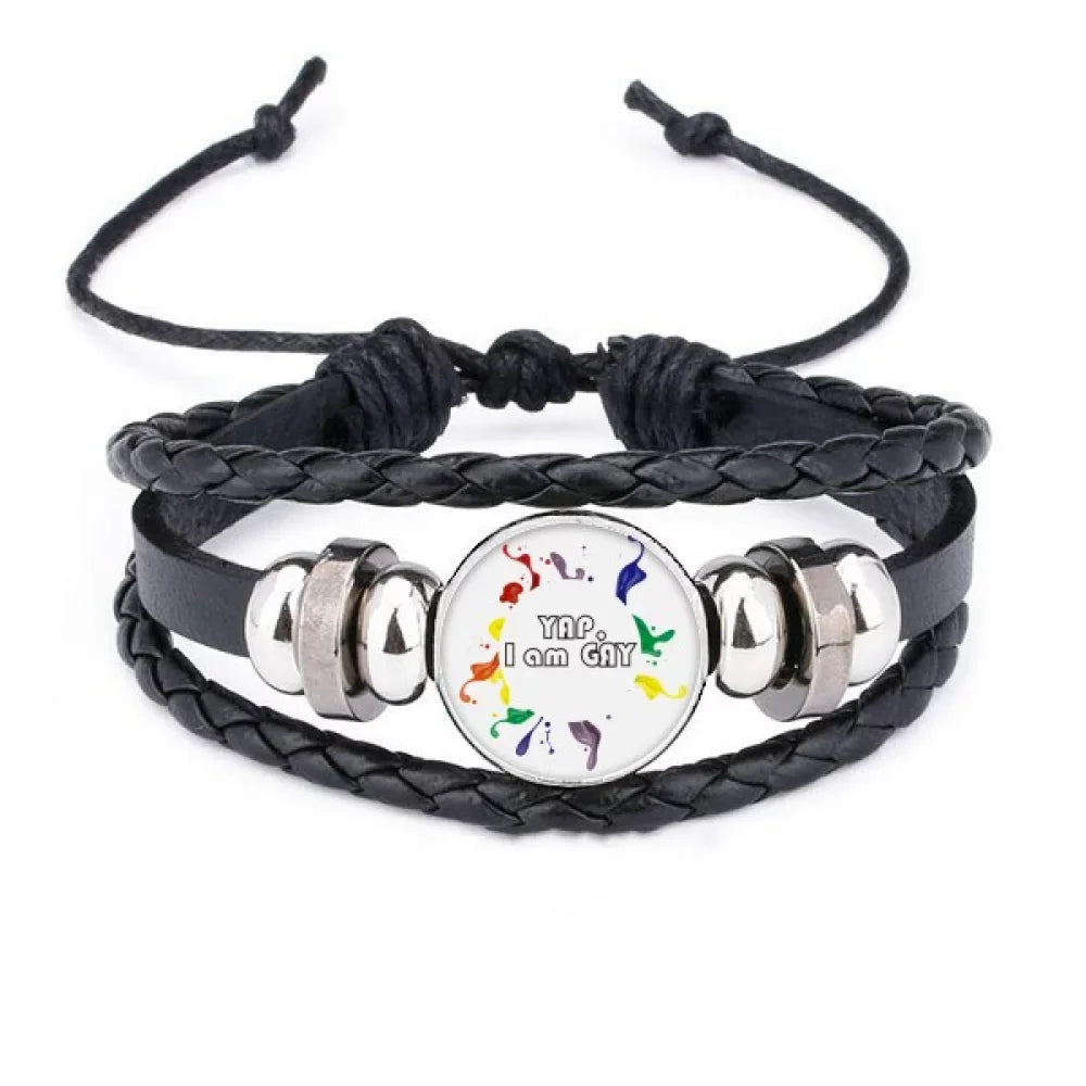 Rope Leather Braided Yap Men Woven Wristband Rainbow Flag I LGBT Am Bracelet