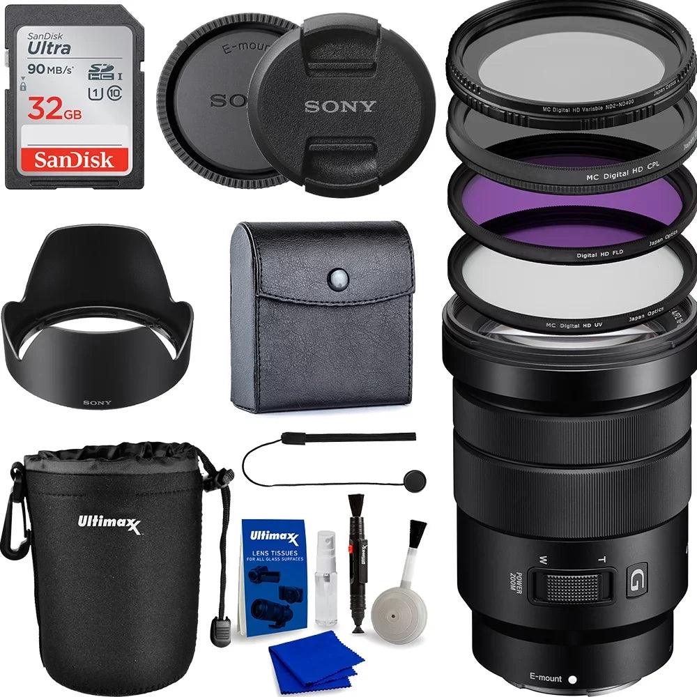 HD Filters Piece Card, Accessory Essential Lens f/4 32GB E Lens Case Water FLD), 3 Memory Includes: (UV,CPL, PZ Sony OSS with SanDisk 18-105mm Multicoated - with Bundle Neu Pouch, Variable Resistant G