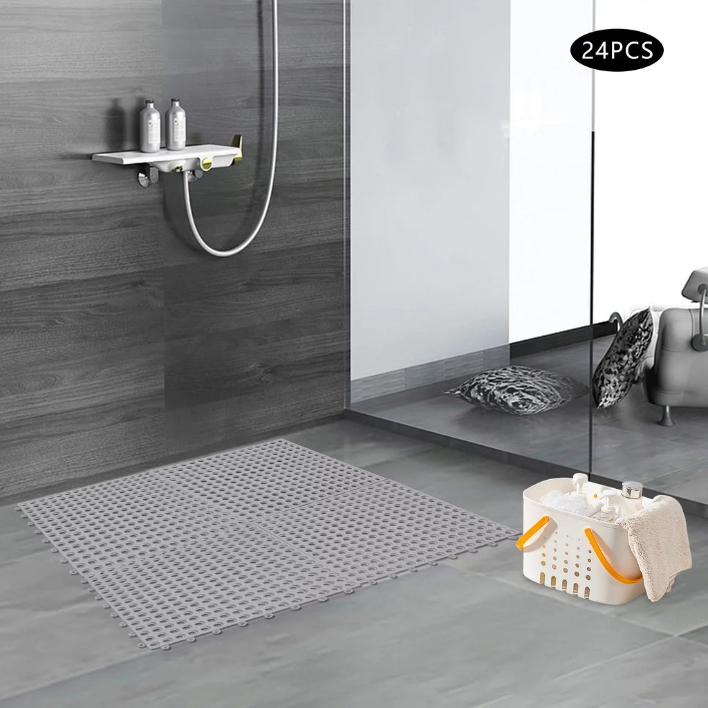 Drainage Floor PVC with Gray 24PCs Mat,Soft Bathroom, Interlocking Mat 11.8*11.8" Bath Shower for Nonslip Kitchen, Holes Pool