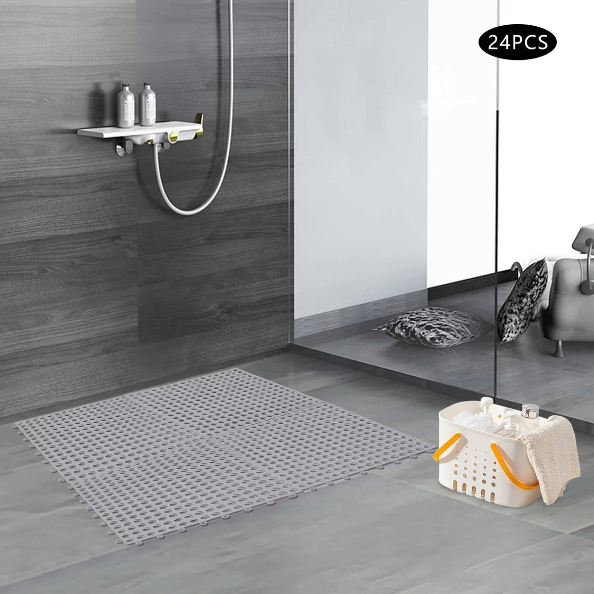 Drainage Floor PVC with Gray 24PCs Mat,Soft Bathroom, Interlocking Mat 11.8*11.8" Bath Shower for Nonslip Kitchen, Holes Pool