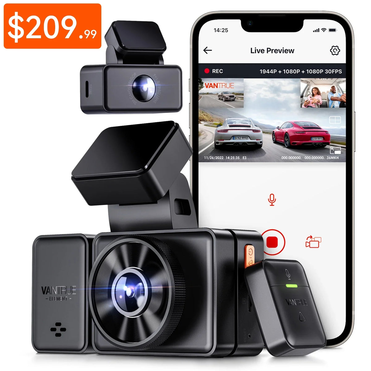 Rear Mode, WiFi Dash Voice 3 and Support Camera Vantrue Front Vision, E3 1944P+1080P+1080P 2.5K Dash 24 Channel Max IR Way GPS Cam Control, Triple STARVIS 3 Inside, Parking with Hours 512GB Night