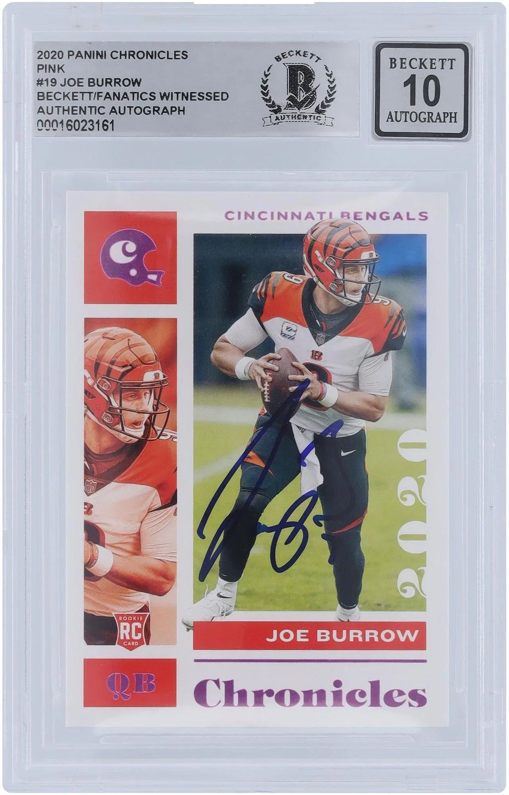 Pink Burrow Authenticated - Autographed Fanatics Panini 2020 #19 Cincinnati Card Authentic Joe Fanatics Beckett 10 Chronicles Witnessed Certified Bengals Rookie