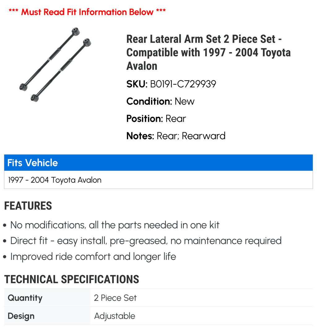 1998 2 2004 - 2000 Rear 2003 Arm Toyota - 2002 Piece Set Lateral with Avalon 1999 Set 2001 1997 Compatible