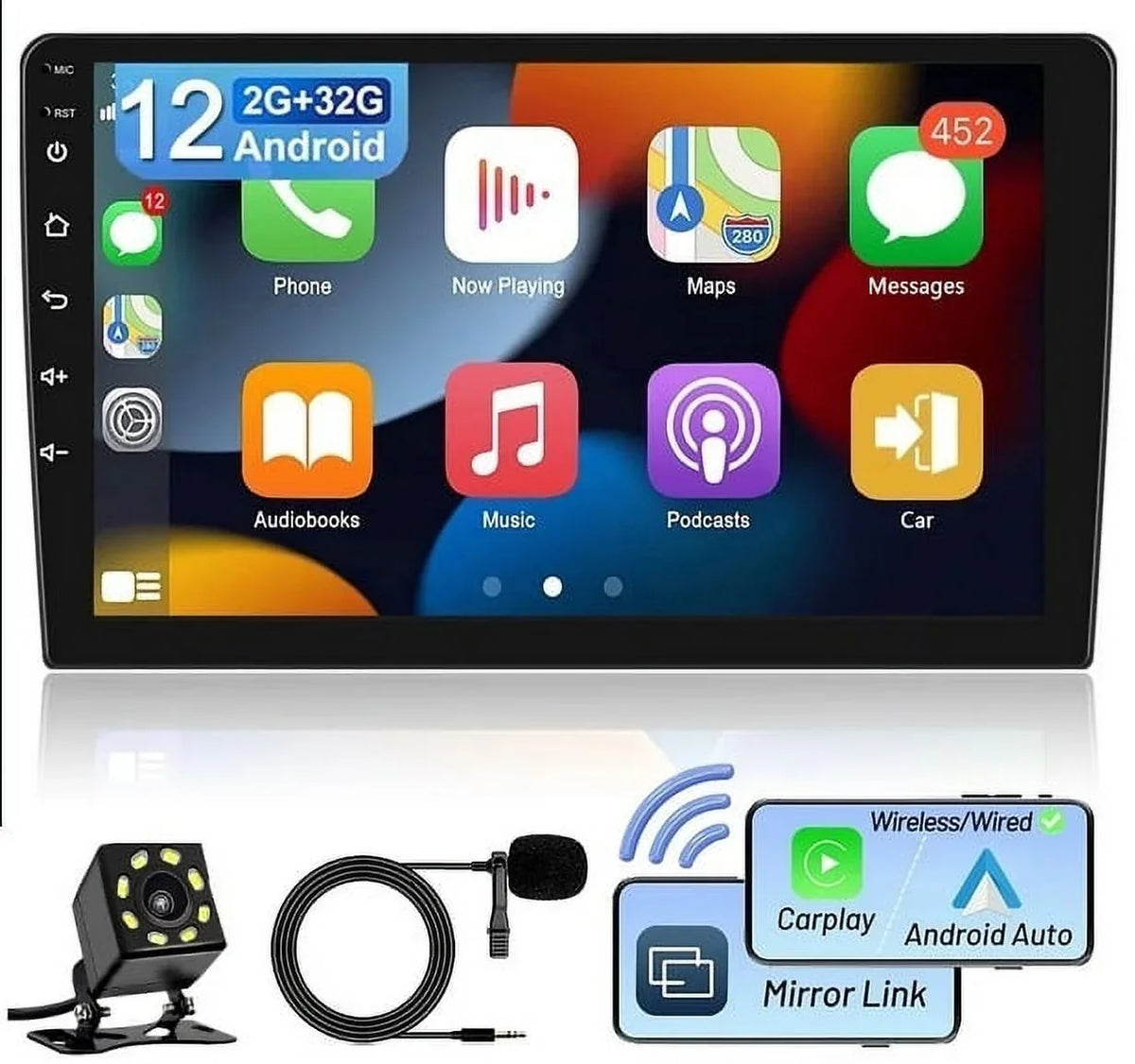 USB AHD 9" Bluetooth Backup Double Android Wireless Stereo 2+32GB FM/RDS Camera Radio Navigation GPS Carplay Auto Android IPS 1280*720 Screen Car Din WiFi Receiver