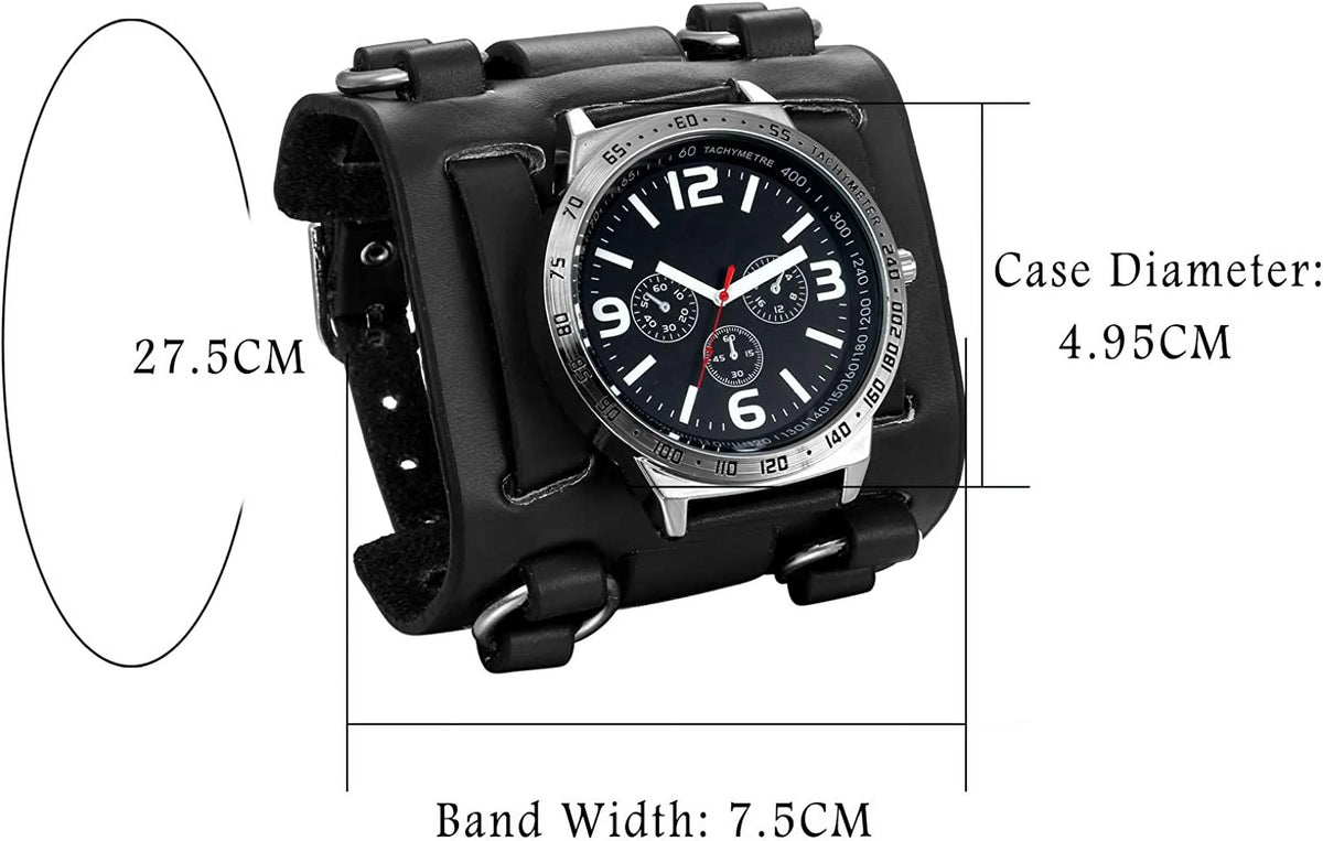 Watch Dial Wrist Watch Wide Gothic Genuine Black Quartz Watches Bracelet Leather Costume Halloween Hip-hop Military Cuff Retro Mens for Sport Replaceable Big Japan Steampunk