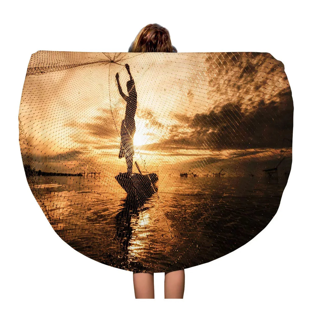 Tapestry Fishing Beach Fisherman Towels Travel Mat Silhouette SIDONKU Vietnam Boat Circular Beach Round Cambodia Lifestyle Throw Nets inch Blanket Towel Thailand Circle 60