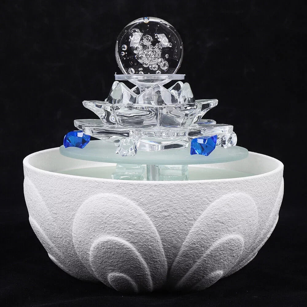 Waterfall Desktop Ornament Teahouse Lotus Desktop Fountain Tabletop Fountain Water Fountain, Decor Crystal Flowing Office Water White