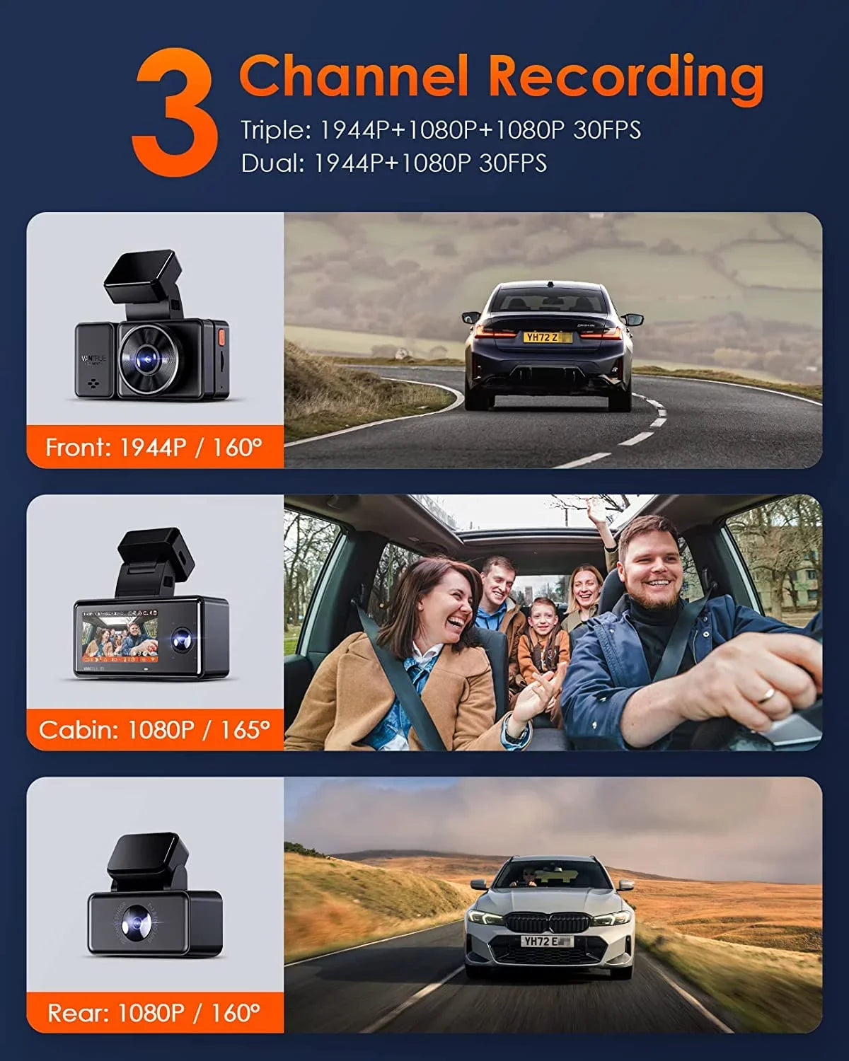 Rear Mode, WiFi Dash Voice 3 and Support Camera Vantrue Front Vision, E3 1944P+1080P+1080P 2.5K Dash 24 Channel Max IR Way GPS Cam Control, Triple STARVIS 3 Inside, Parking with Hours 512GB Night