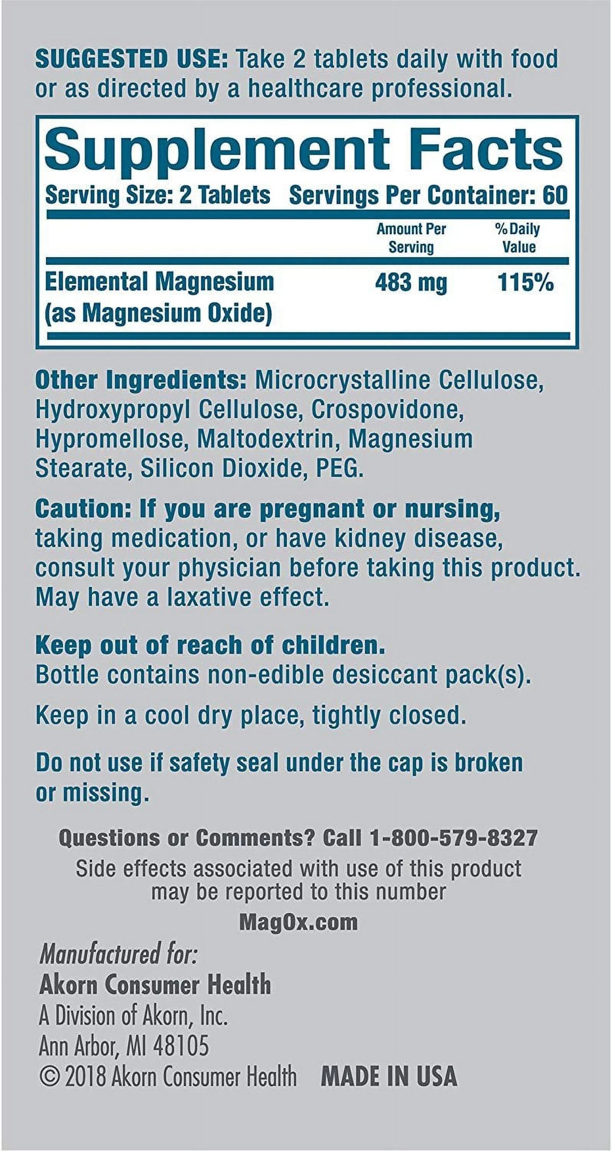 Magnesium Magnesium Tablets Oxide Concentrated form of 120 Supplement Most 400 Dietary MagOx