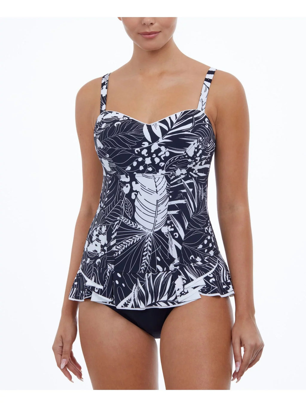 Sweetheart Women's Ruffled Tropical Cups Control Swimdress by Black 8 Adjustable Stretch Tummy Fixed Marbella Print GOTTEX Neck PROFILE