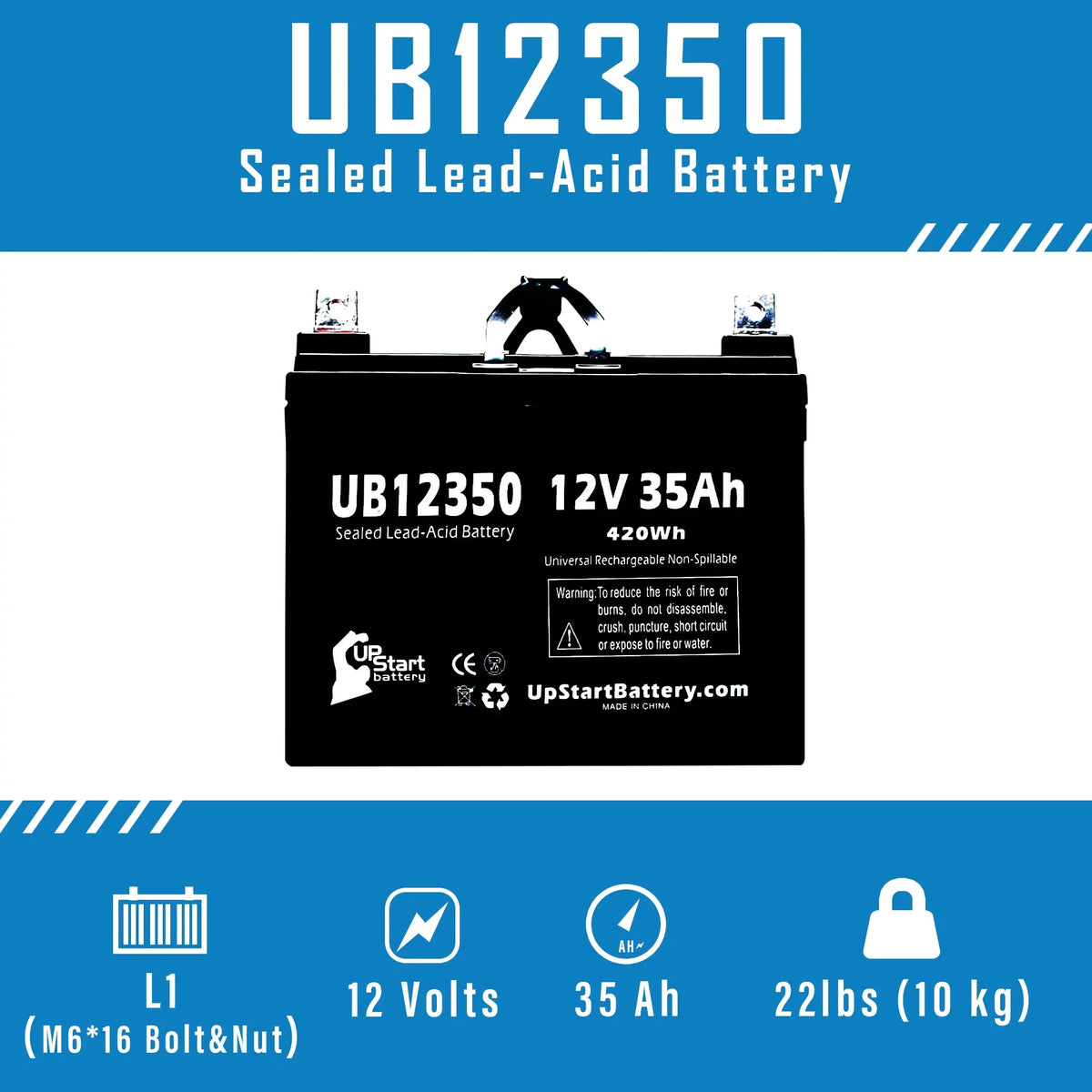 '- L1 Acid UB12350 Pack Terminal, Universal (12V, 35000mAh, 35Ah, SLA) Sealed Battery Replacement Topaz AGM, 850 Compatible - 5x Lead Battery
