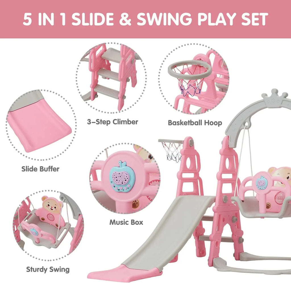 for Climb Outdoor Baby with Kinbor Playground Toddler Set, & Easy Playset Slide 1 Slide Stairs, Indoor & Swing Slide Extra Long Basketball Climber 5 Pink in Hoop,