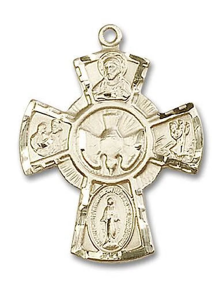 Medal Catholic 5-Way Heart, Medal, Cross Christopher St. St. Traditional Made Joseph, Miraculous Filled Sacred Large and Cruciform in 14kt Extel with Gold USA