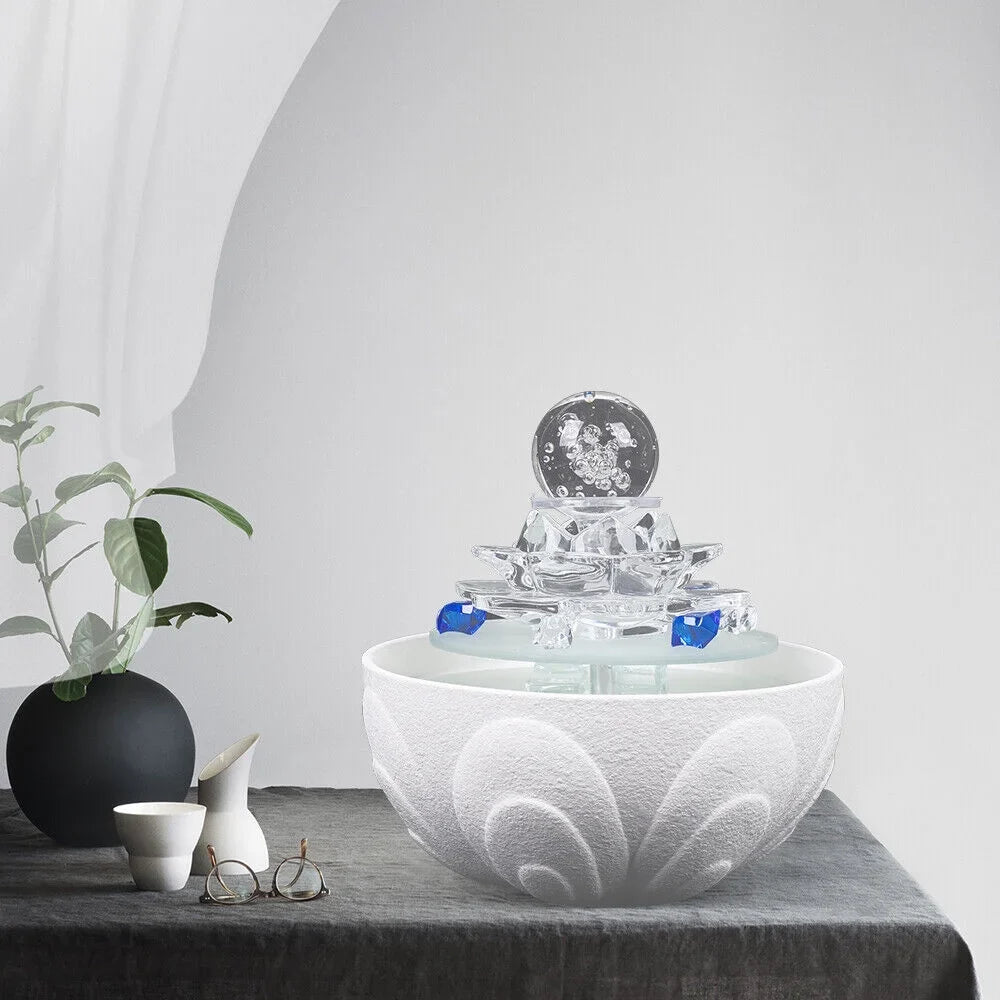 Waterfall Desktop Ornament Teahouse Lotus Desktop Fountain Tabletop Fountain Water Fountain, Decor Crystal Flowing Office Water White
