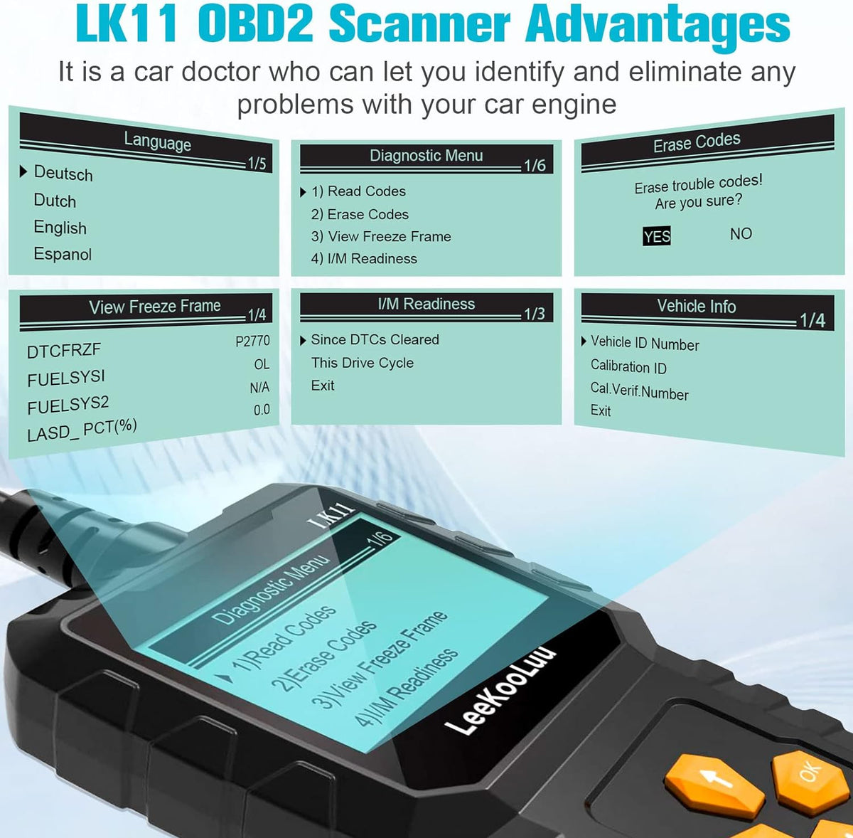 Play 1996 Freeze Code - Clear Cars Reader Readiness Professional LK11 Diagnostic for Since Reset Alert Scan Easy Setup and OBD2 Code LeeKooLuu to Plug Frame/I/M - Scanner Use Engine with