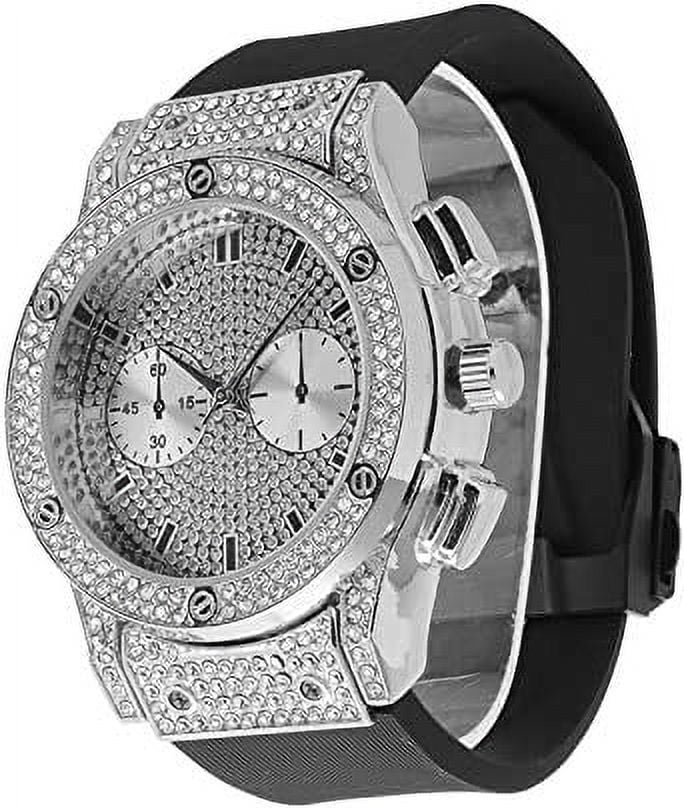 '- Out Watch Rhinestones Inspired - Raymond Chrono Iced by Eyes Diamond Rubber - (Silver Charles - Mens Bling ST10311 Blast Big Cuban) Timepiece on Hop Hip Faux