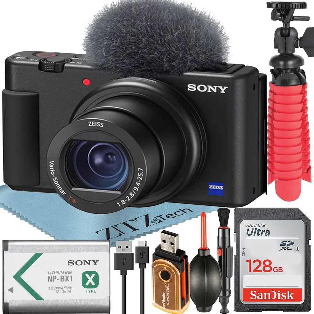 (Black) Camera Card 128GB ZeeTech with Accessory Vlogging ZV-1F + SanDisk Sony Bundle Memory